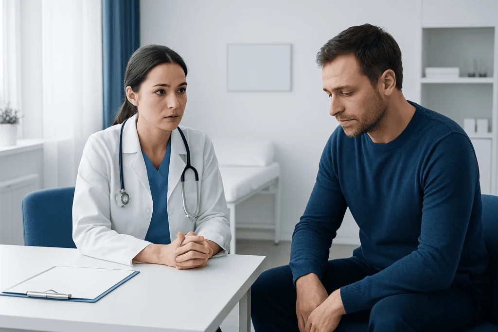 Doctor consulting male patient in a medical office setting.