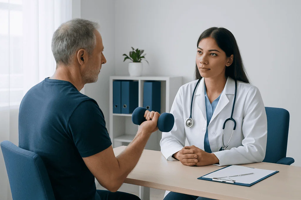 Doctor consulting with patient about upward row dumbbell exercise.