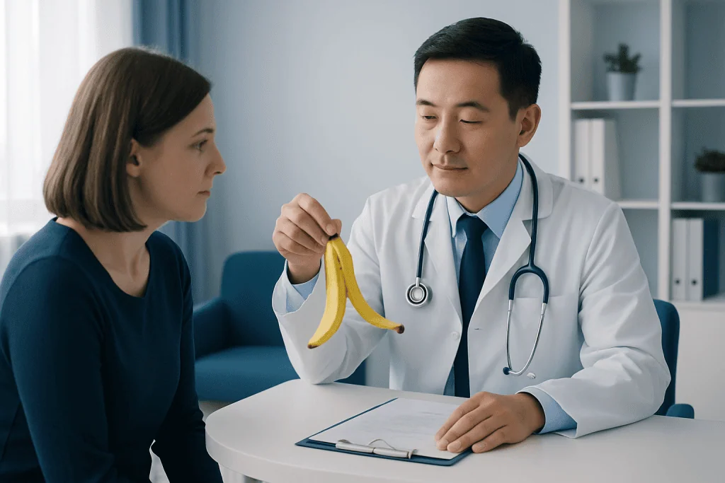 Doctor showing banana peel to patient in consultation room.