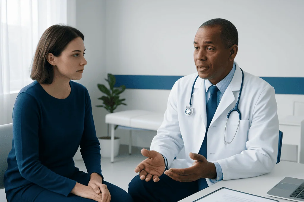 Doctor consulting with a female patient in a modern hospital room.