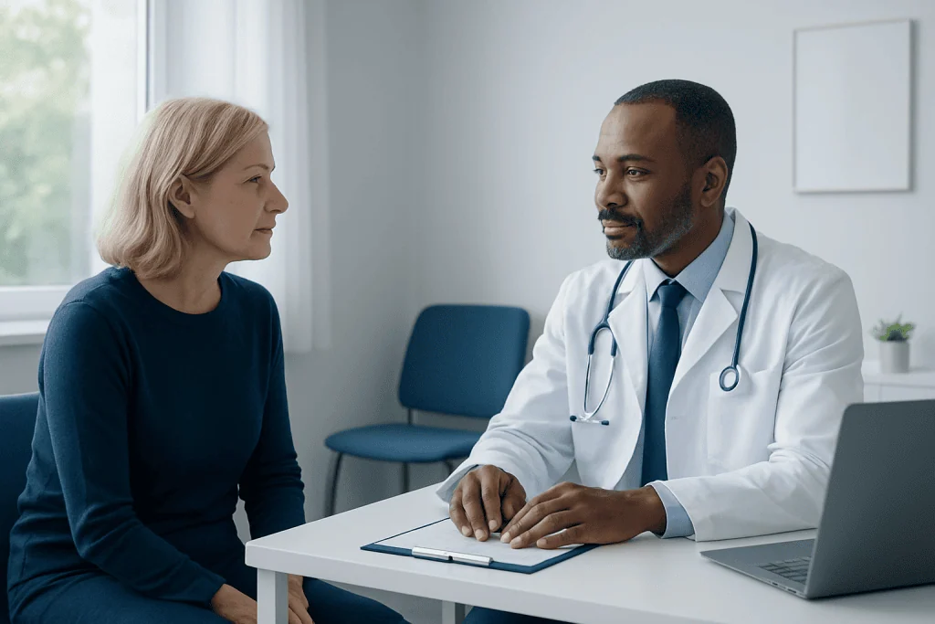 Doctor consulting with a female patient in a modern clinic setting.