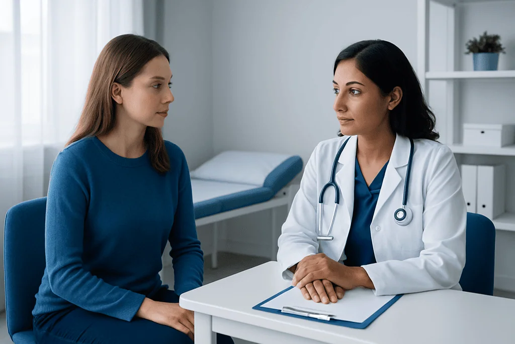 Doctor consulting with a young woman in a medical office setting.