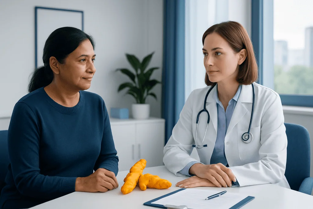 Doctor consulting with a patient about turmeric benefits in a clinical setting.