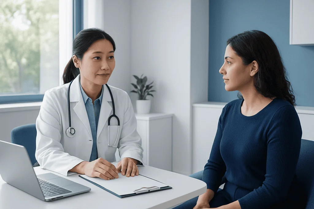 Doctor consulting with a patient in a modern medical office.