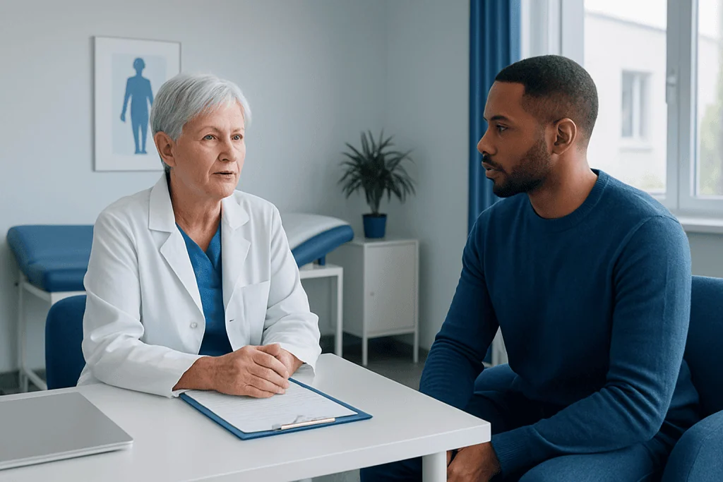Doctor consulting with a patient in a medical office setting.
