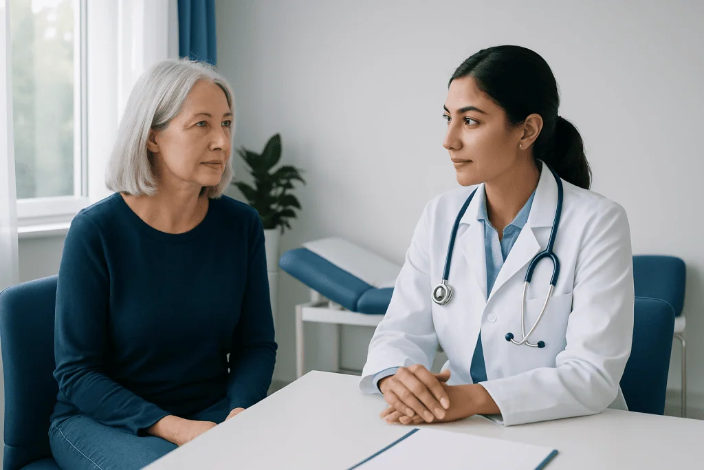 Doctor consulting with an elderly female patient in a medical office.