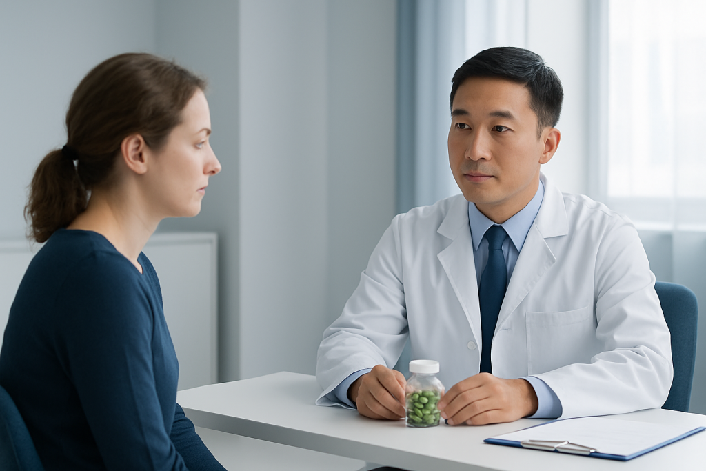 Doctor consulting with a female patient in a medical office.