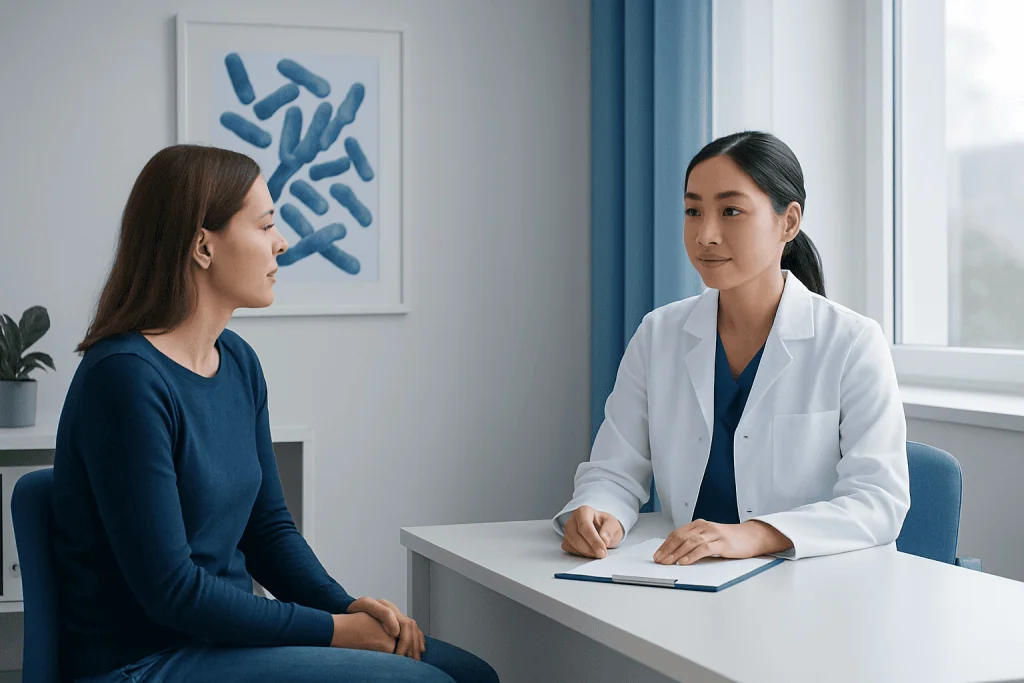 Doctor consulting with patient in a modern medical office.