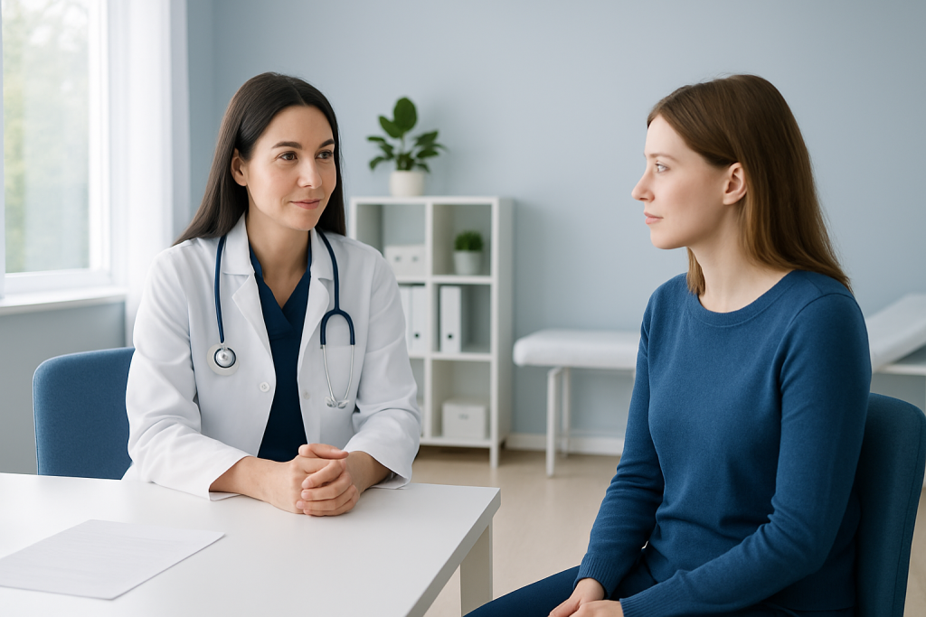 Doctor consulting with a patient in a modern medical office.