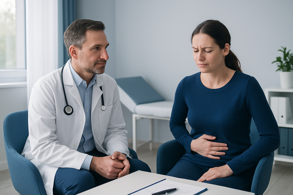 Doctor consulting with a woman patient experiencing stomach pain in a clinic.