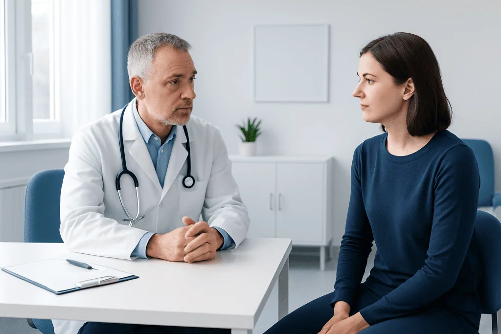 Doctor consulting with a young female patient in a modern clinic.