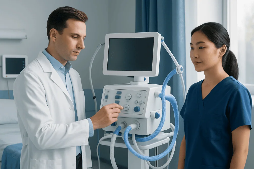 Medical professionals operating ventilator in hospital setting.