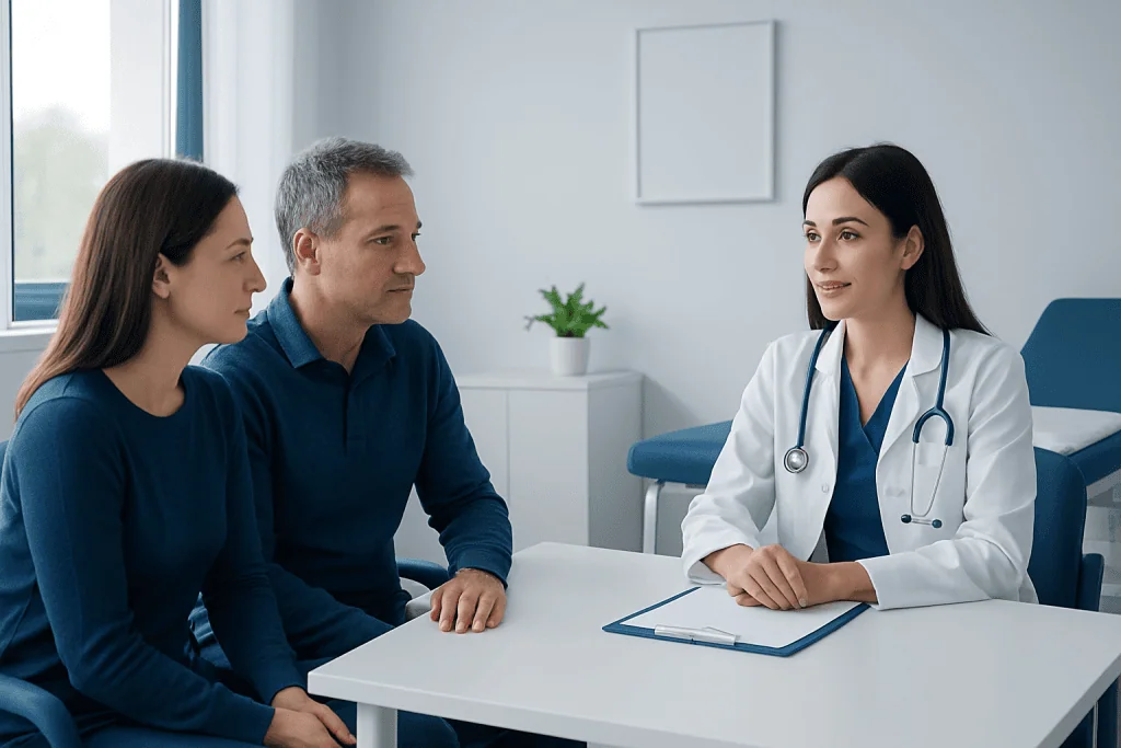 Doctor consulting with patients in a modern hospital room.