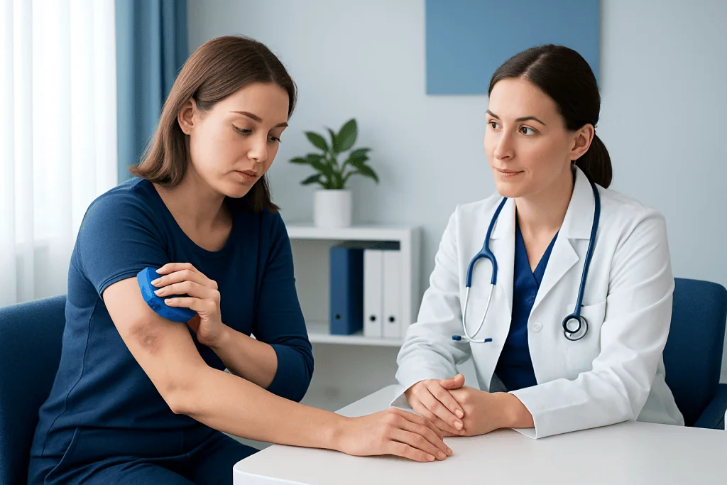 Doctor examines a patient's bruised arm in a medical consultation.