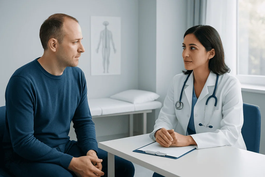 Doctor consulting with male patient in a medical office setting.