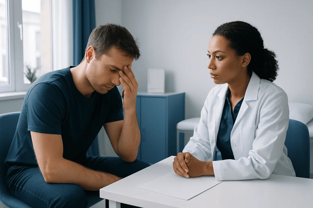 Doctor consulting with a male patient about health concerns in a clinic setting.