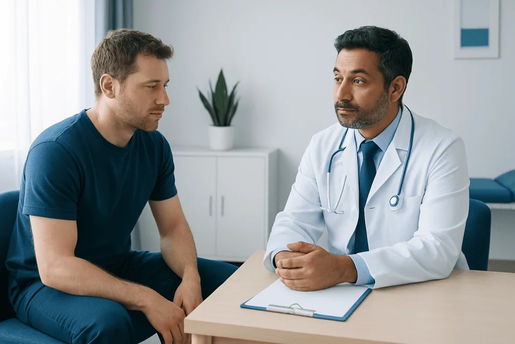 Doctor consulting with a male patient in a medical office setting.