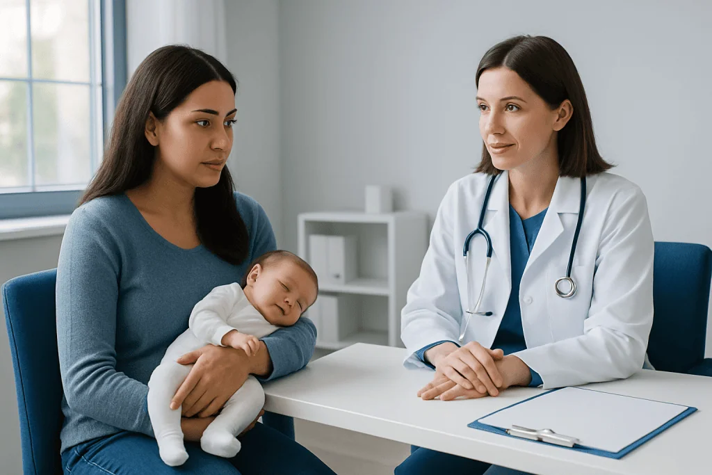 Pediatric consultation with a mother, baby, and doctor in a clinic setting.