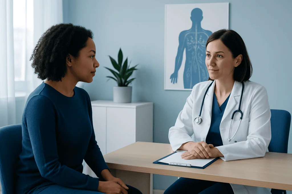 Doctor consulting patient in a medical office with human body diagram.
