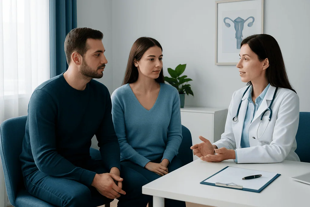 Doctor consulting with a couple about fertility treatment options at Acibadem Hospitals.
