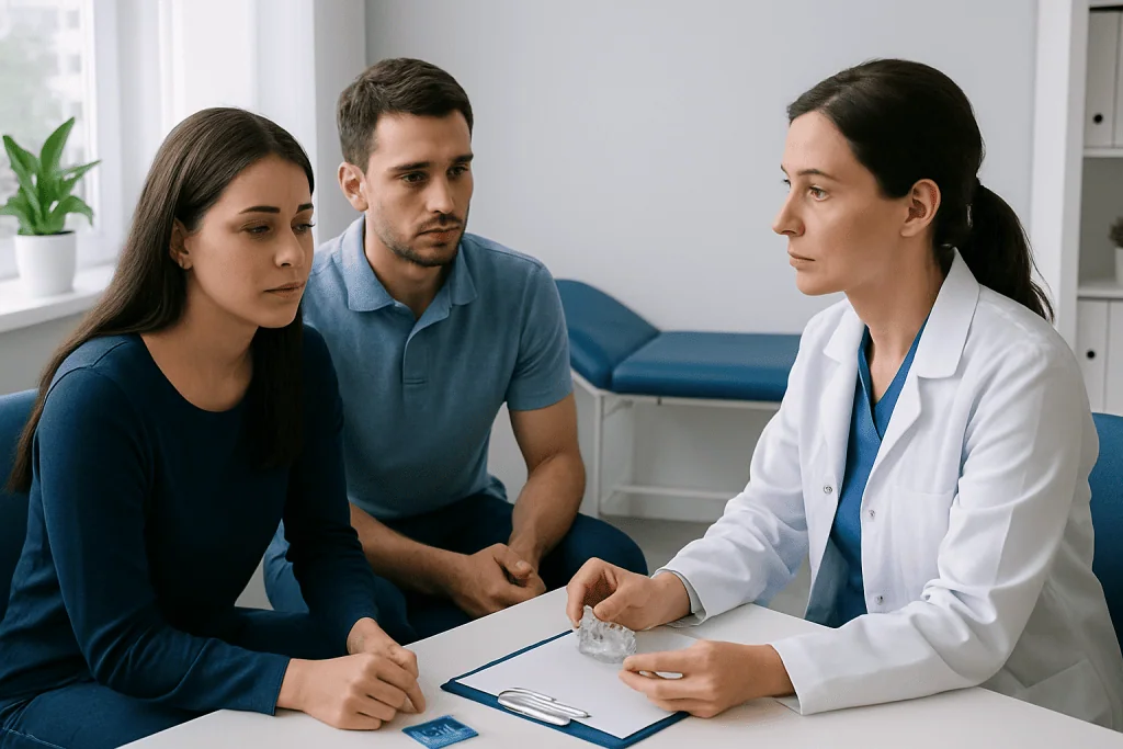 Doctor consulting with young couple about health concerns in clinic setting.
