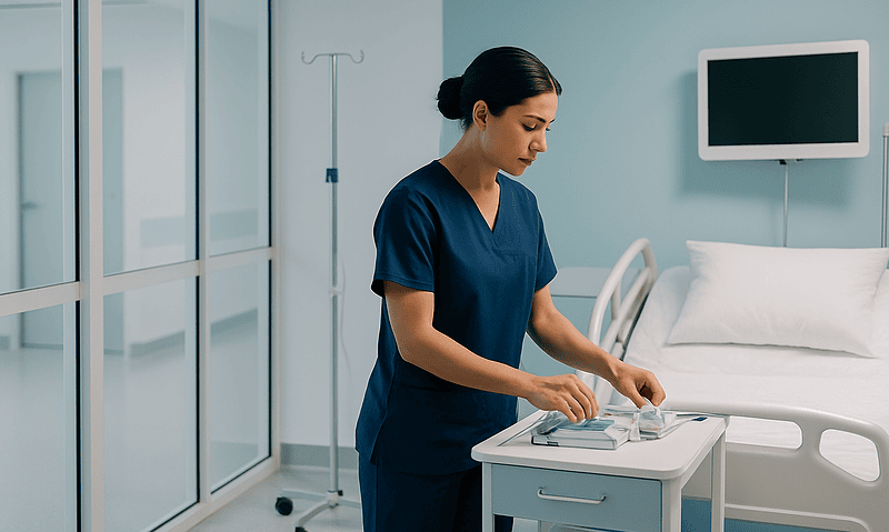Nurse preparing medication in a hospital room at Acibadem Hospitals Group.