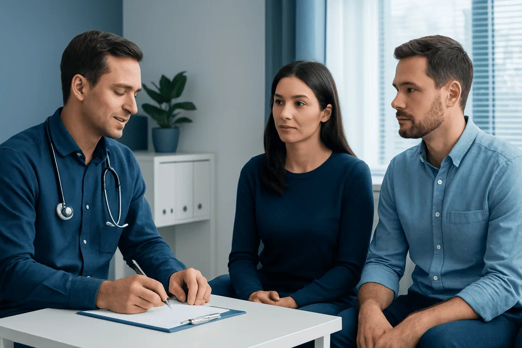 Doctor consulting with a couple in a medical office setting.