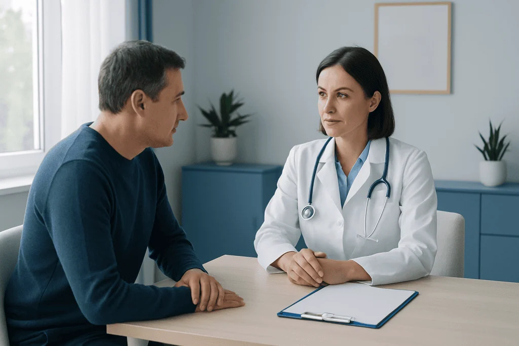 Doctor consulting with a patient in a modern medical office.