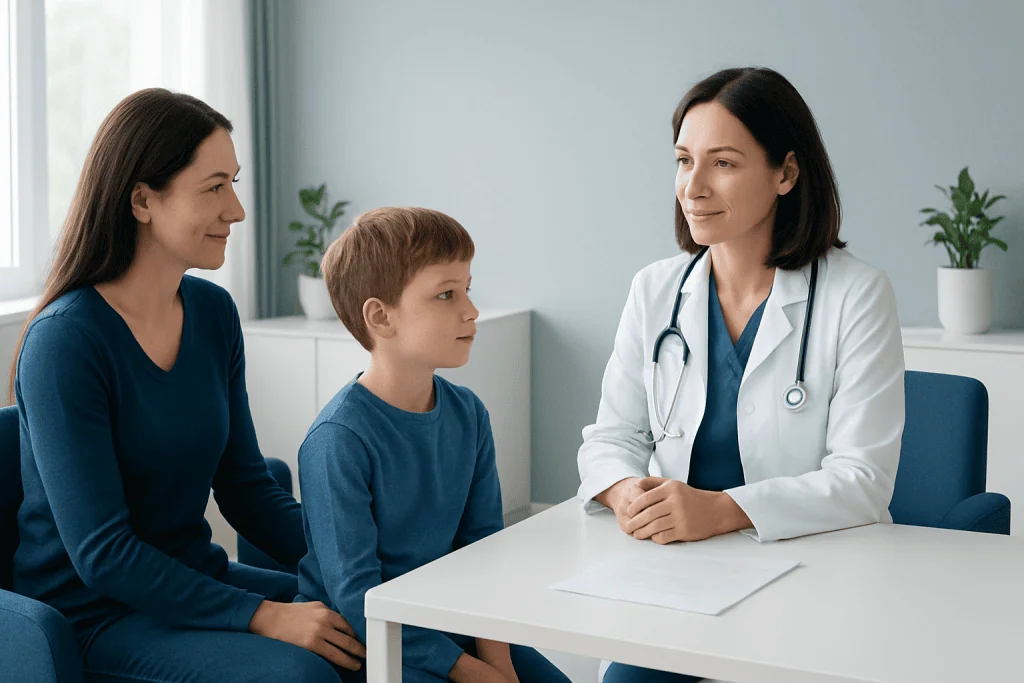 Child and mother consulting with a doctor in a medical office.