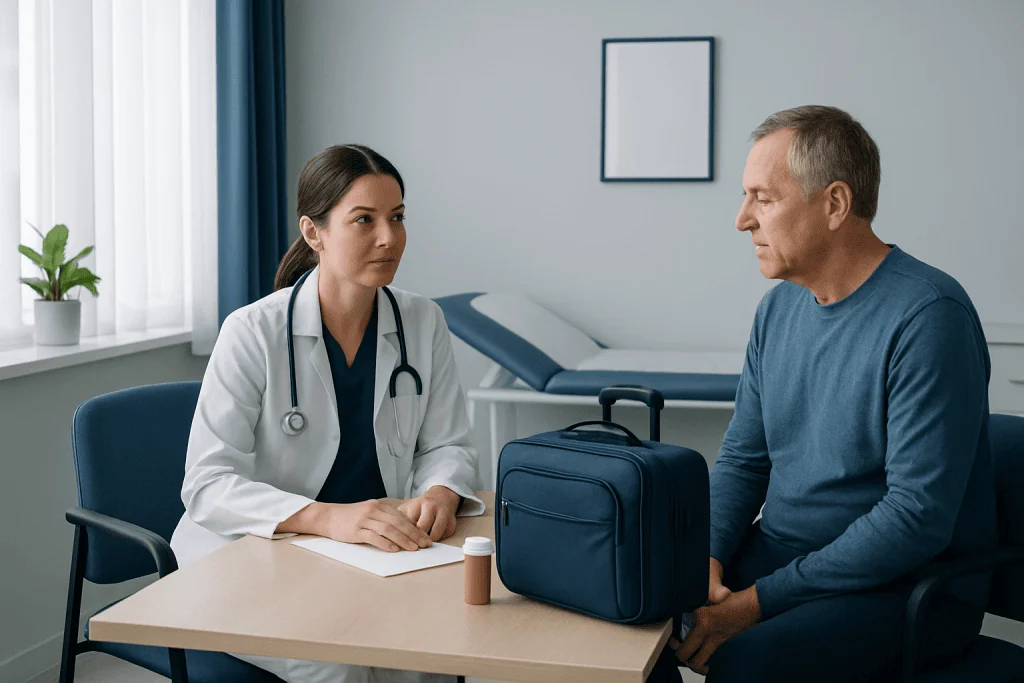 Doctor consulting with patient about discharge and travel preparations at hospital.
