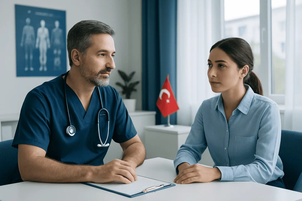 Doctor consulting with a patient in a hospital office in Turkey.