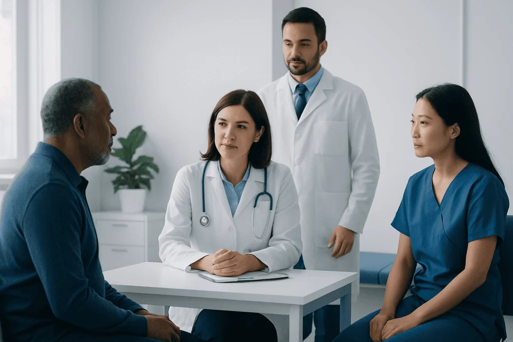 Medical consultation with doctors and patient in a hospital setting.