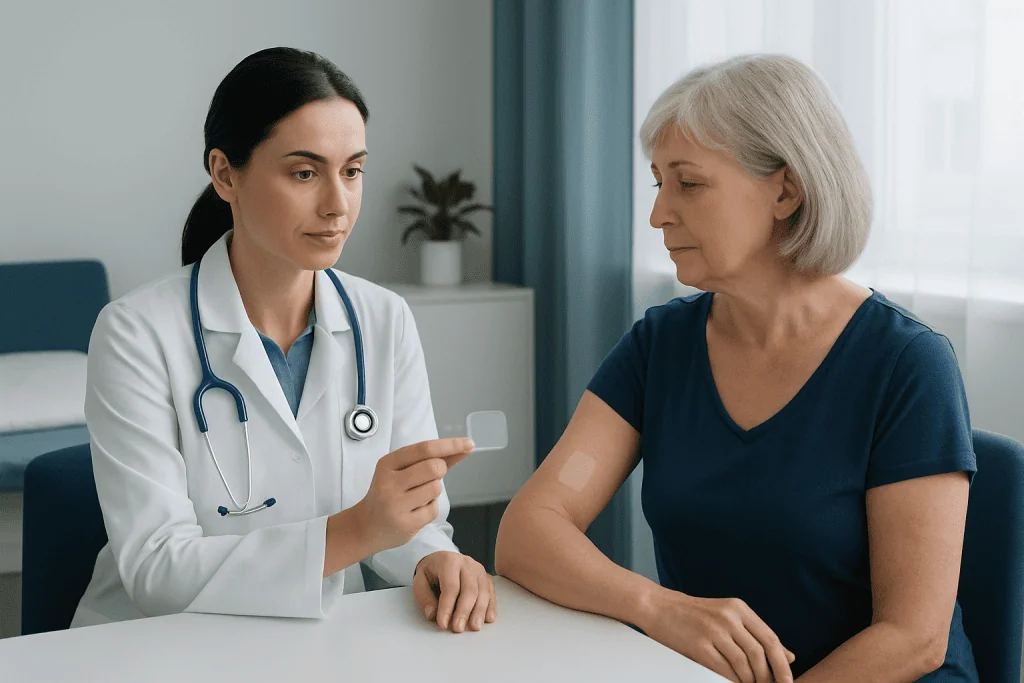 Doctor explaining hormone replacement options to a patient in a clinic setting.