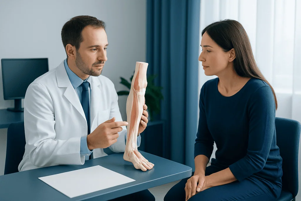 Doctor explaining ankle model to patient in consultation room.