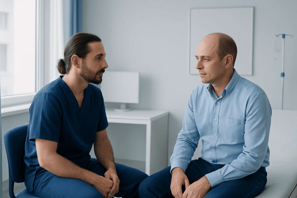 Doctor consulting patient in a medical office setting.