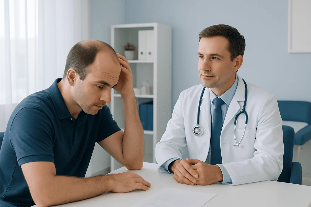 Patient consulting with doctor about hair loss concerns at Acibadem Hospital.