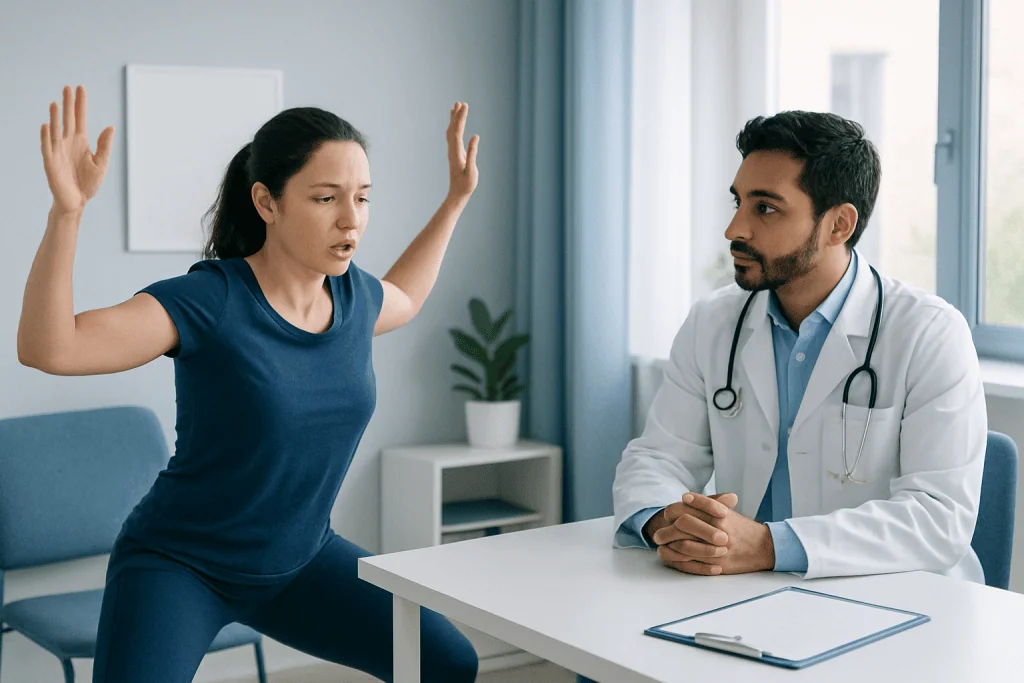 Patient explaining symptoms to doctor during consultation at hospital.