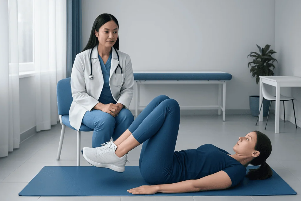 Physical therapy session with a healthcare professional and patient on a mat.