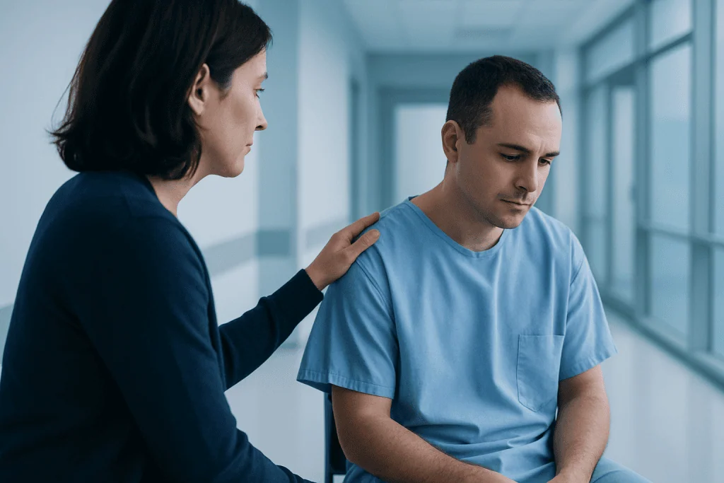 Prostate HIFU (Focal Therapy) 1 Doctor comforting a male patient in a hospital corridor.