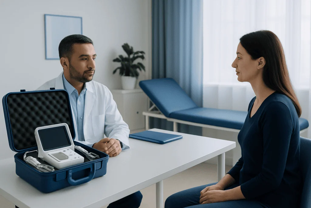 Doctor consulting with patient in a medical office with medical device case.