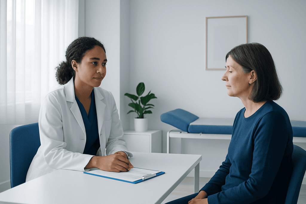 Doctor consulting with a patient in a modern medical office.