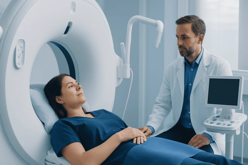 Patient undergoing MRI scan at Acibadem Hospital for health assessment.