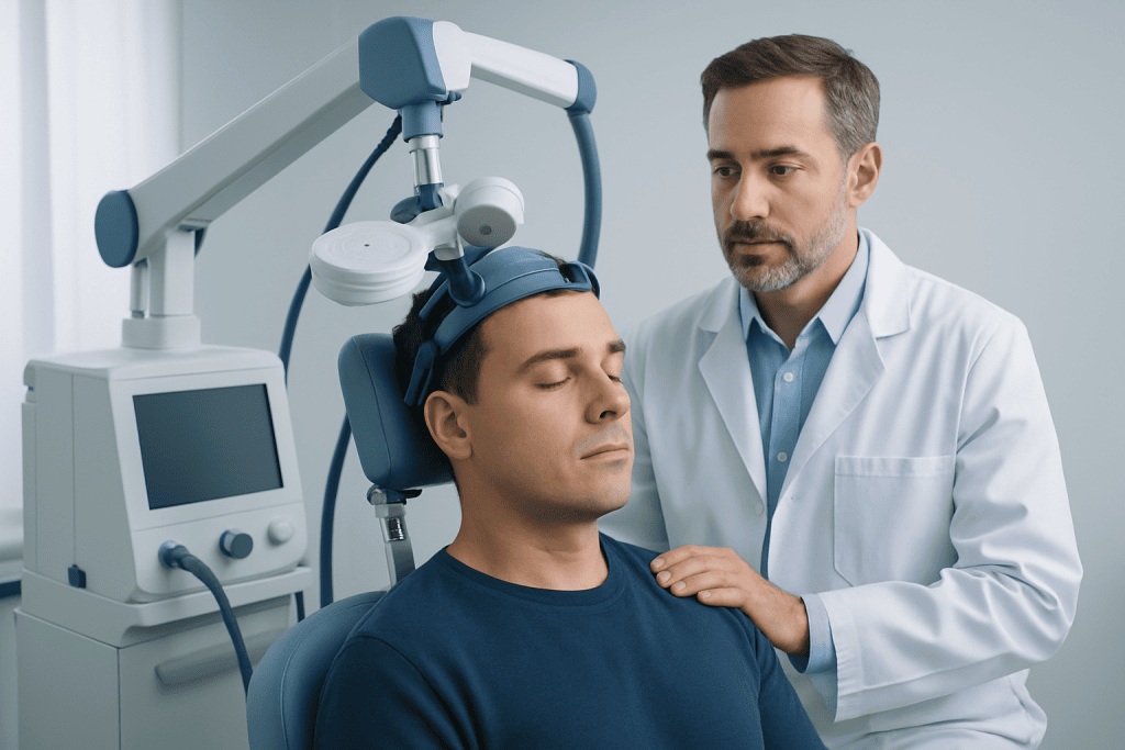 Doctor performing a neurological examination on a patient with EEG equipment.
