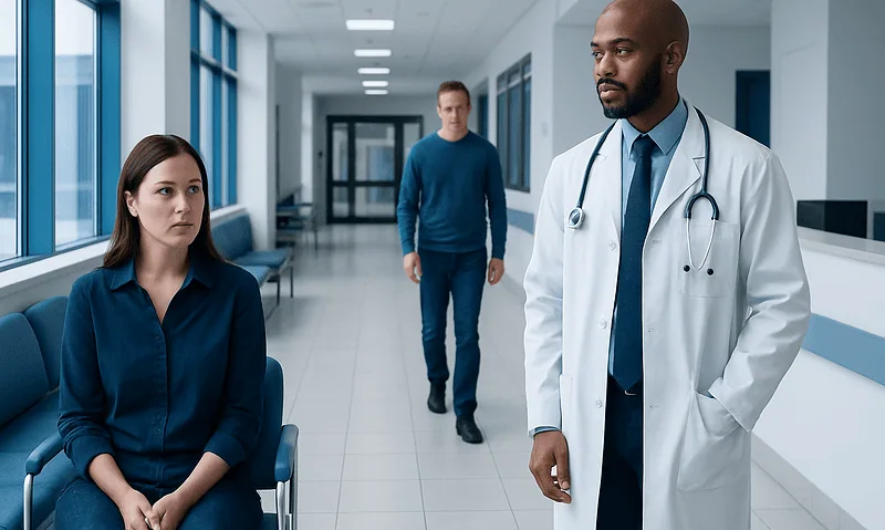 Doctor speaking with a patient in a hospital corridor.