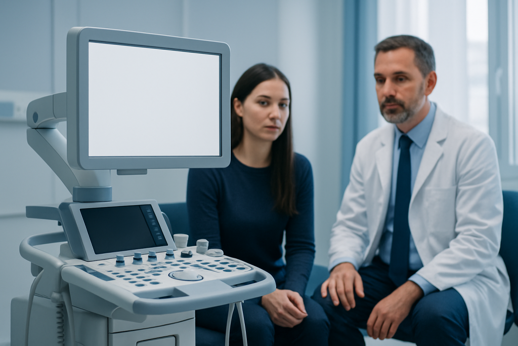 Doctor and patient in a medical consultation room with ultrasound equipment.