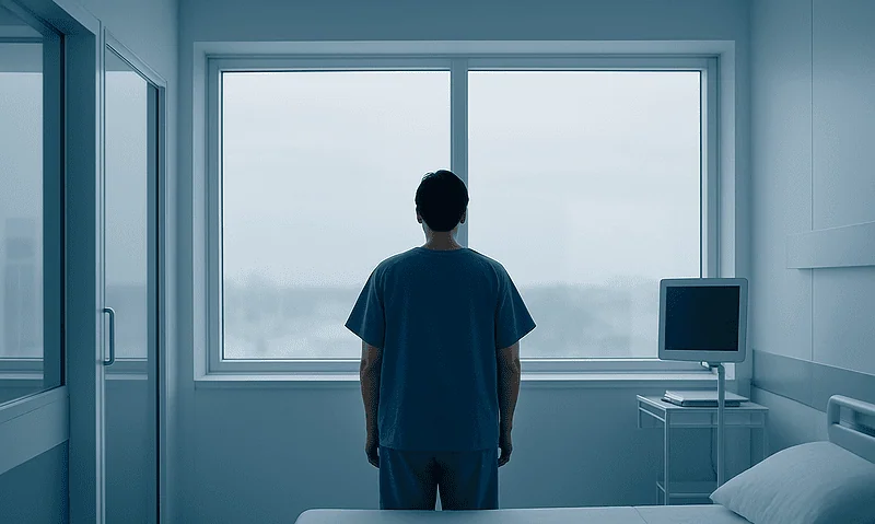 Patient in hospital room looking out the window.