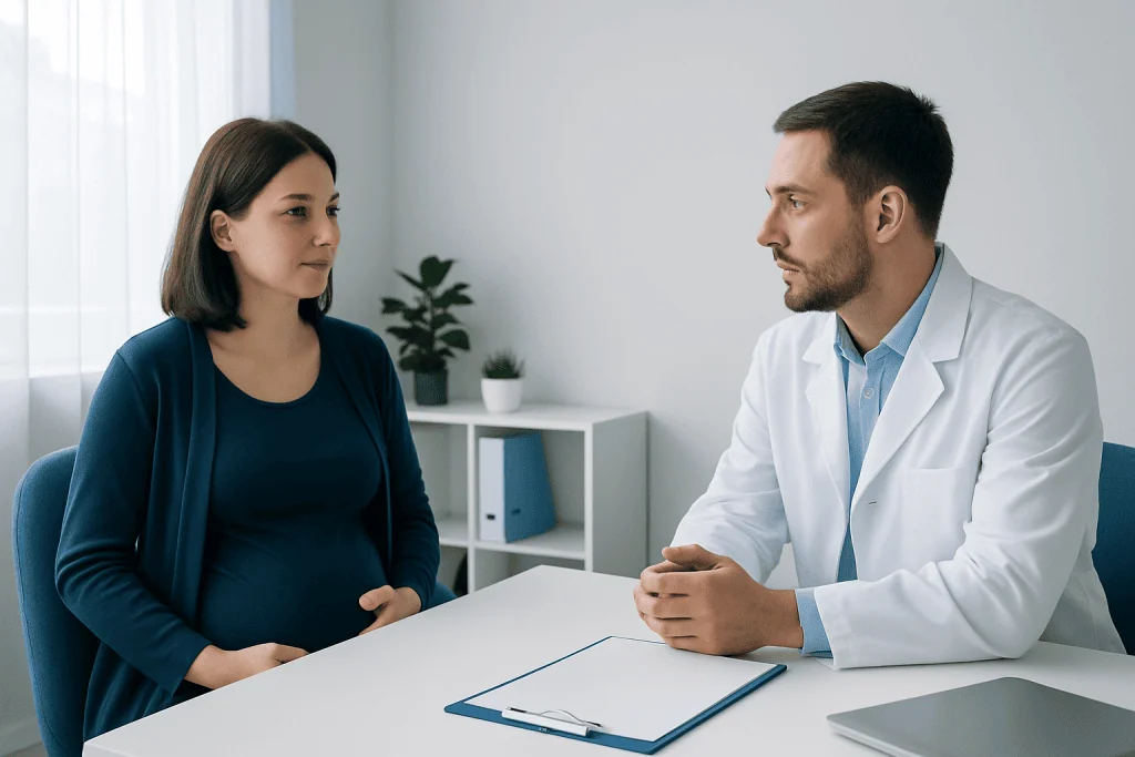Doctor consulting with a female patient in a modern clinic setting.