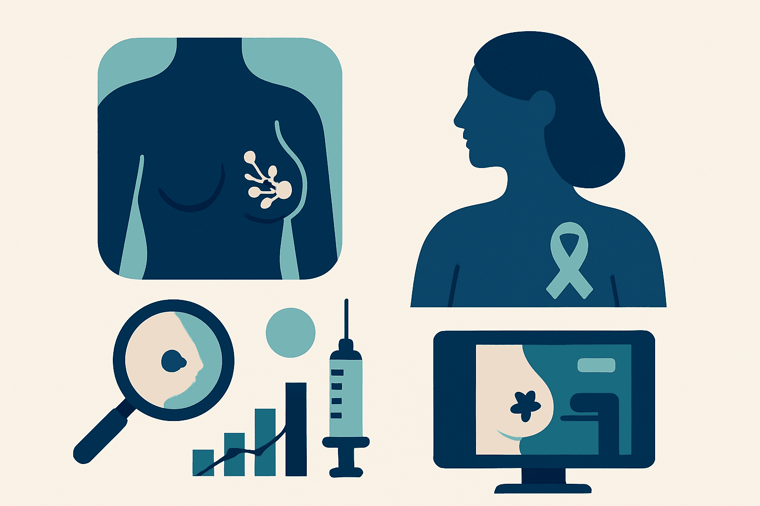 Illustration of breast cancer awareness and detection tools.