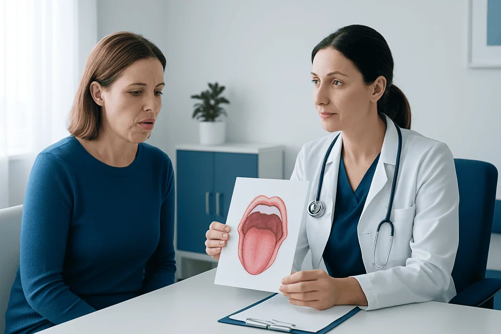 Doctor explaining causes of puffy tongue to patient with diagram.