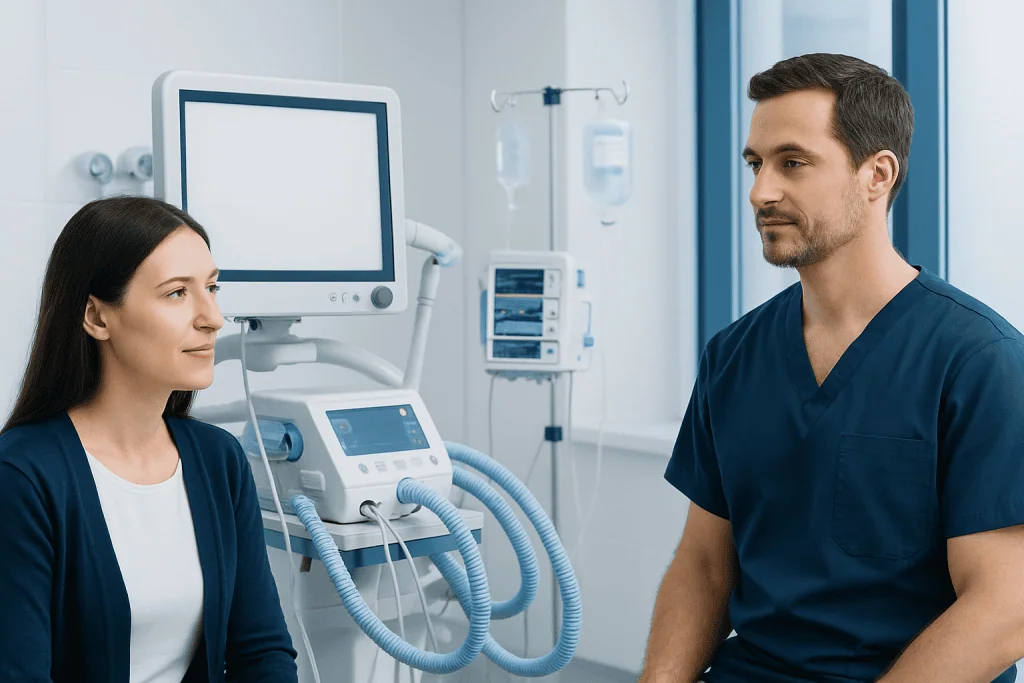 Medical professionals discussing patient care in a hospital room.